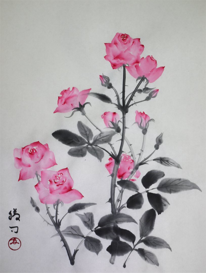 水墨画「薔薇」福田勝司 筆 | 水墨画・達風 色彩のある墨絵｜教室