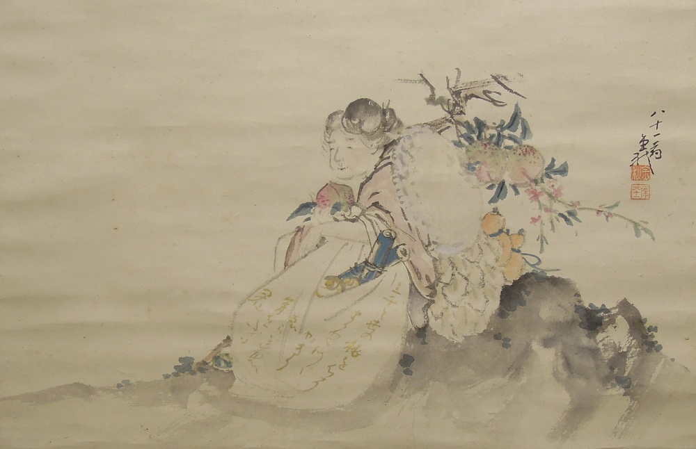 木村金秋 『仙女与桃実図』 [古美術こもれび] 骨董,掛軸,絵画の買取と