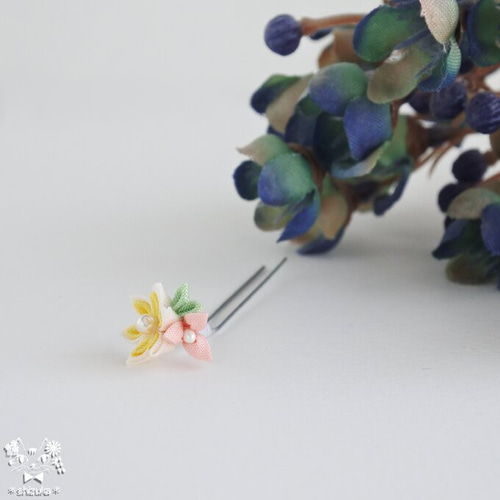 菊✤人形用かんざし ⊰檸檬＆桃⊱ つまみ細工 髪飾り ドール リカ