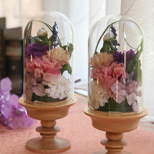 ガラスドーム仏花/一対/枯れないお供え花/プリザーブドフラワー