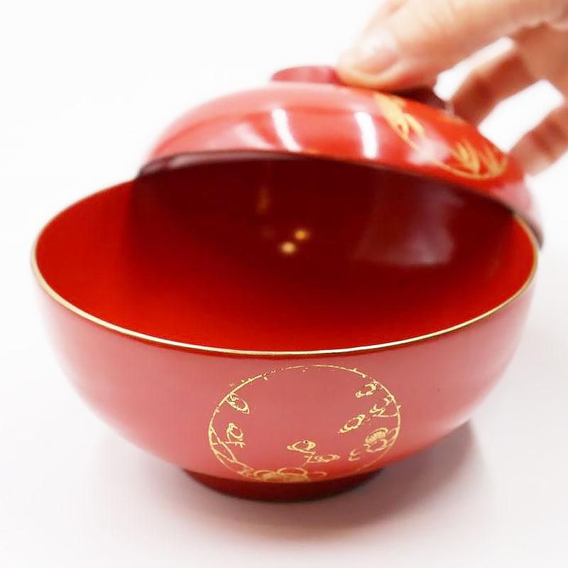漆器 蓋椀 朱塗り 沈金入り 大正昭和初期 直径11.5cm