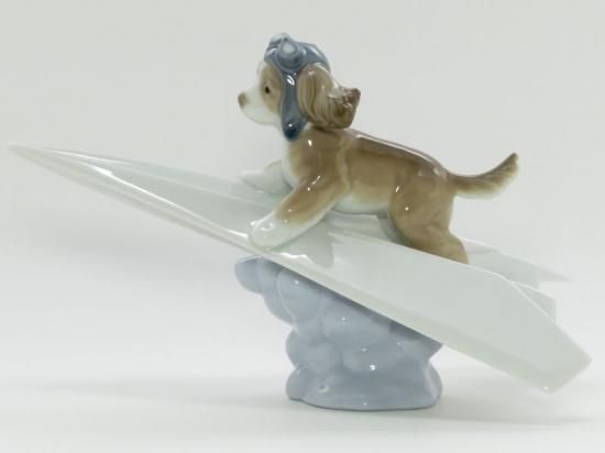 リヤドロ 置物□可愛いパイロット フィギュリン 6665 犬 折紙 飛行機