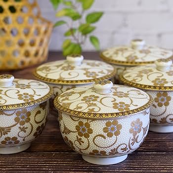 Amazon | おしゃれ 湯呑み 九谷焼 蓋付 湯呑み茶碗 5客 セット 鉄仙紋