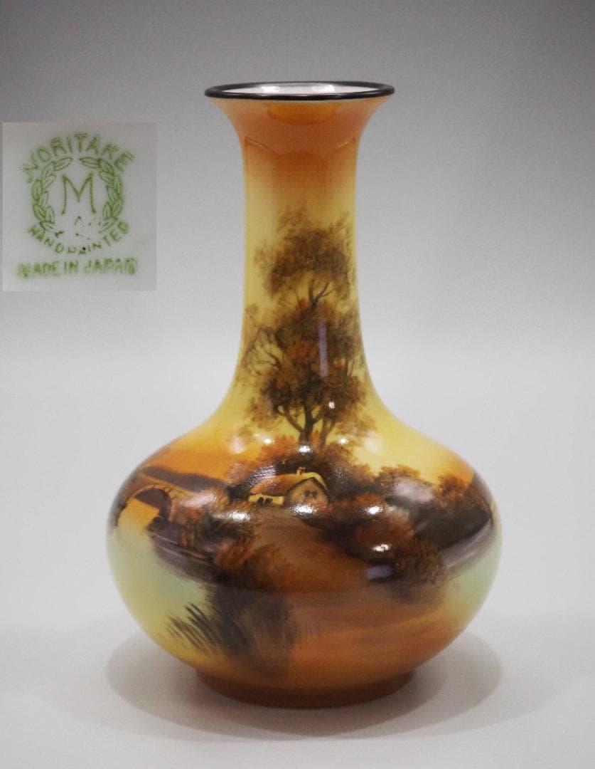 明治期里帰りノリタケM-JAPAN印 HANDPAINTED 湖夕焼け風景花瓶 ノリタケ オールドノリタケ 夕焼湖畔風景絵 花瓶 27cm : アンティーク