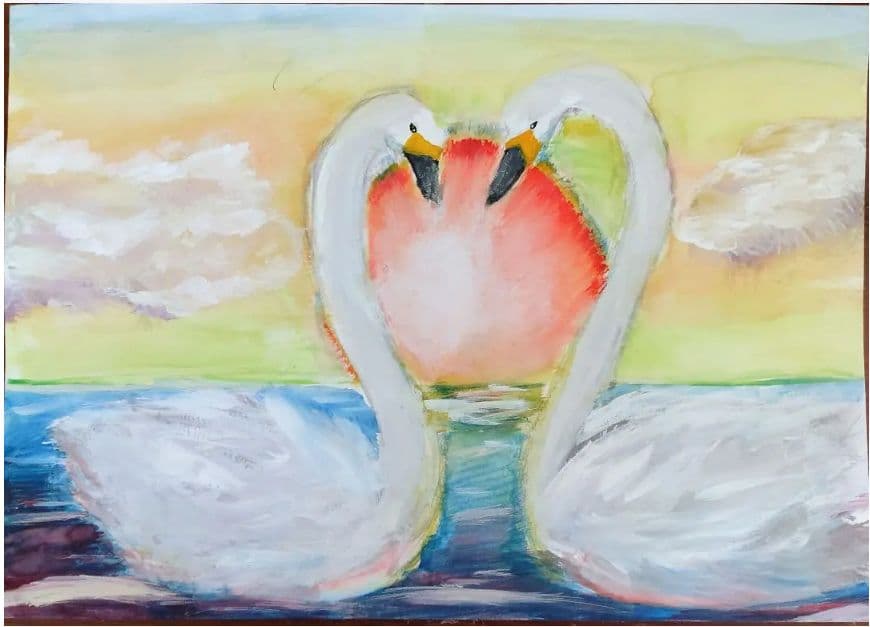 白鳥のハート型 水彩画 - メルカリ