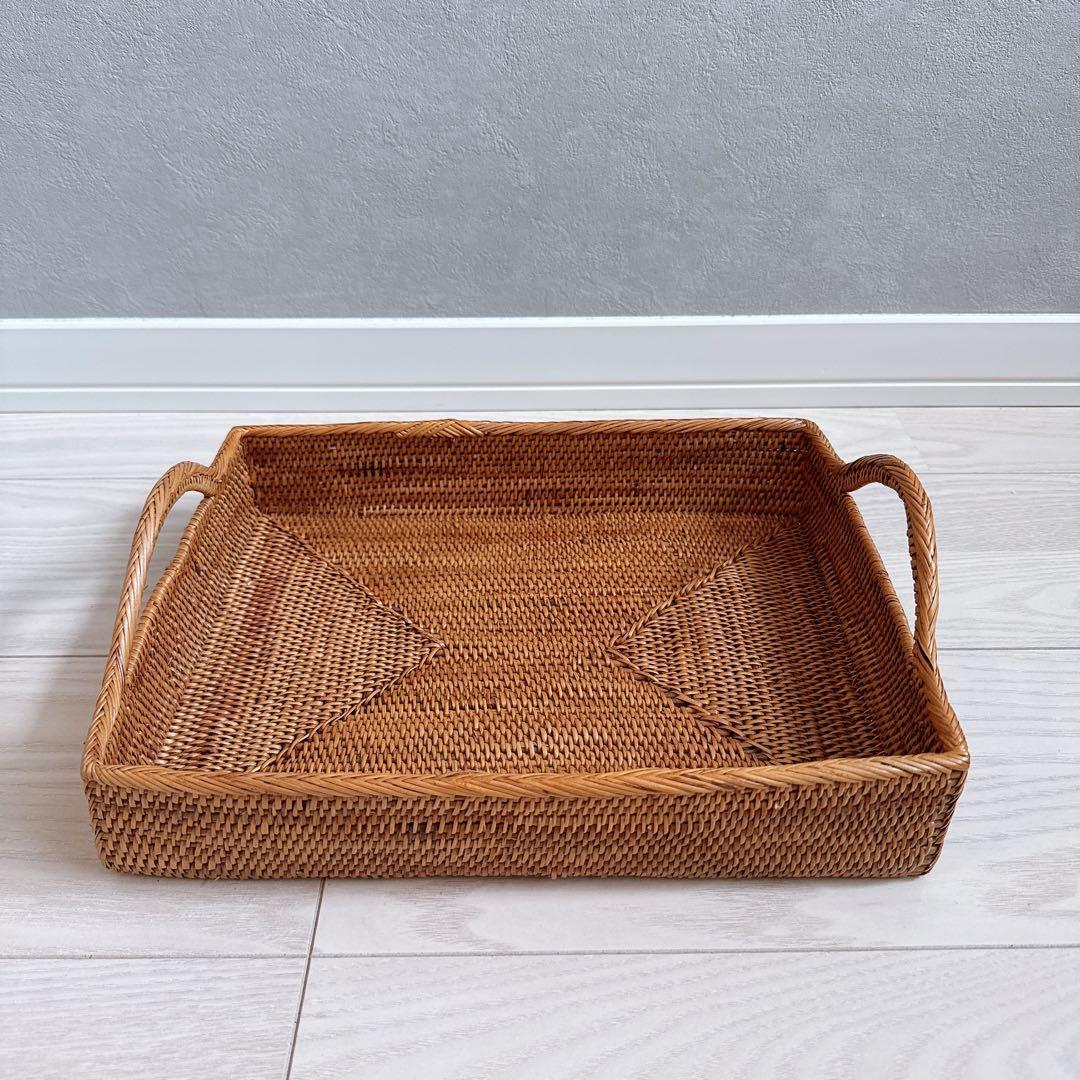 新品 アタ 長方形トレー 編み込みデザイン アタ 真鍮取っ手トレー 横長42cm ウェーブデザイン バリ島手作り