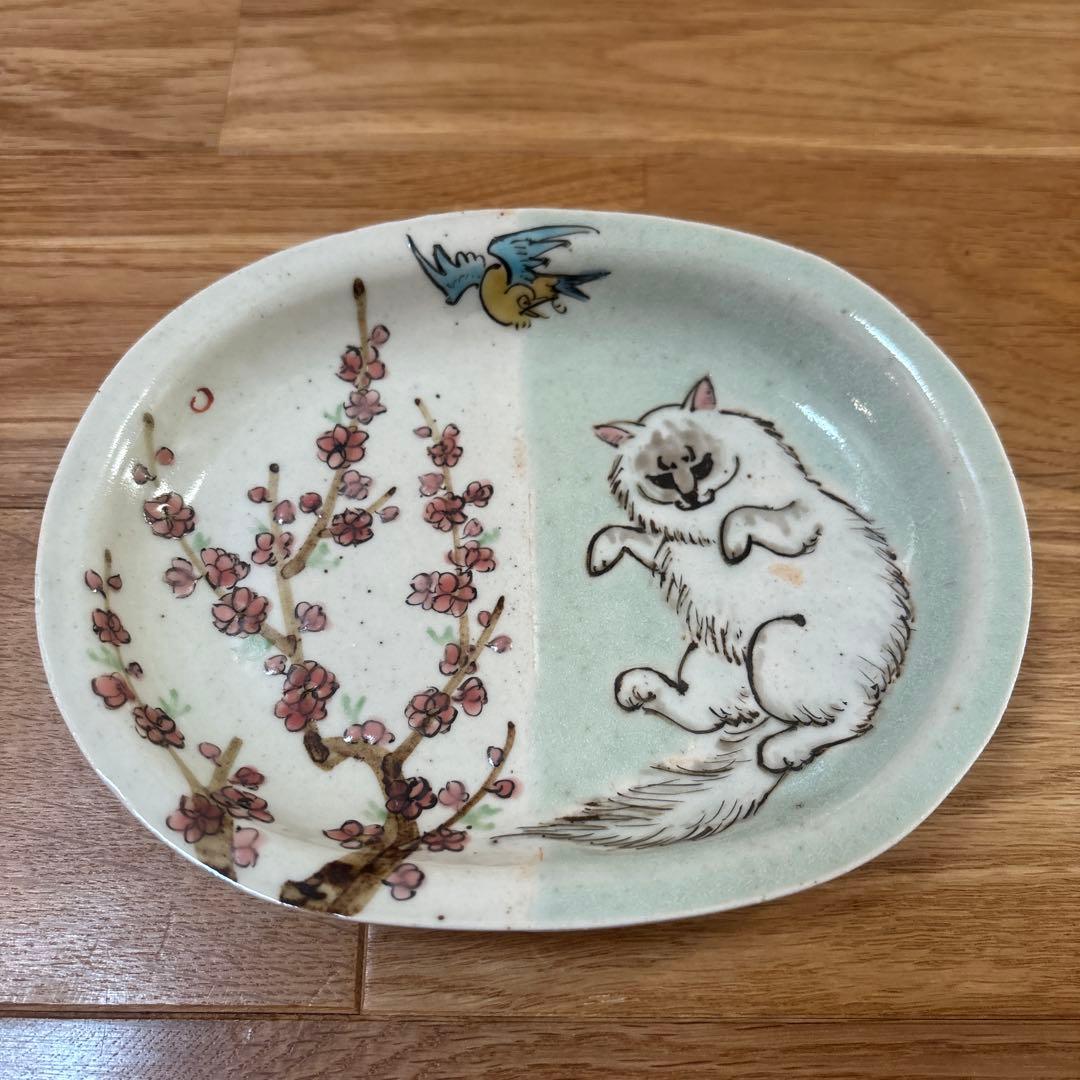 松浦コータロー　オーバル　猫と桜の絵柄の楕円形皿 松浦コータロー 陶磁展 : うつわshizenブログ