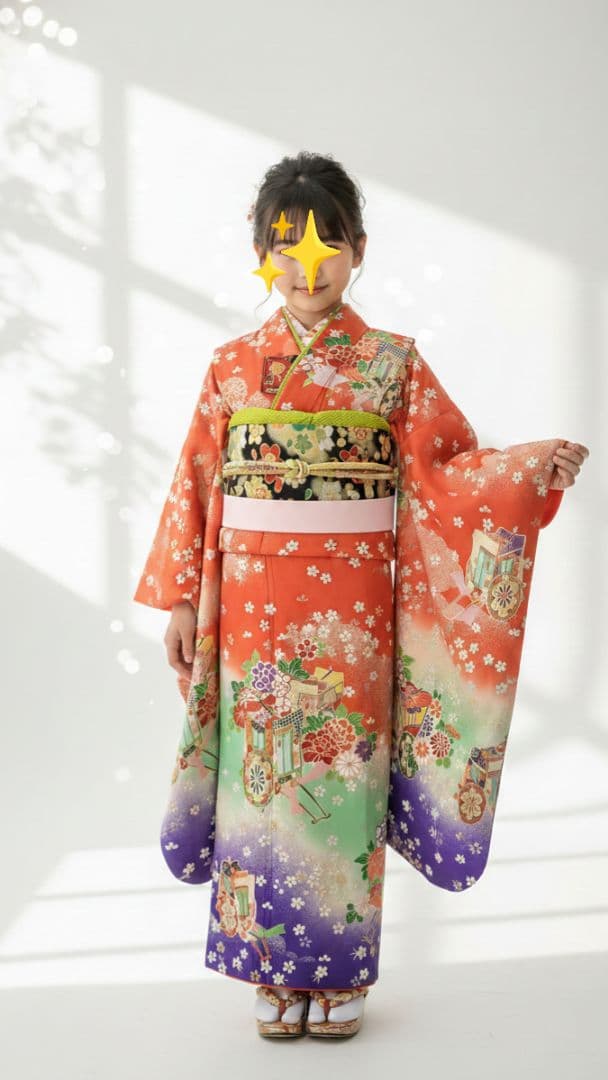7歳　正絹朱桜御所車　七五三　お着物・作り帯・筥迫セット Kisste（キステ） 七五三 7歳 小物 セット 女の子 はこせこ 7点 朱赤