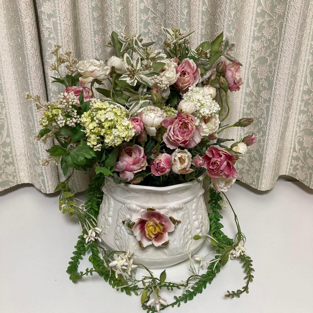 【造花付】カポディモンテ イタリア製 花瓶 フラワーベース 白＋虹色コーティング CAPODIMONTE 限定生産 花瓶 852/53 イタリア製 陶器製 フラワーベース